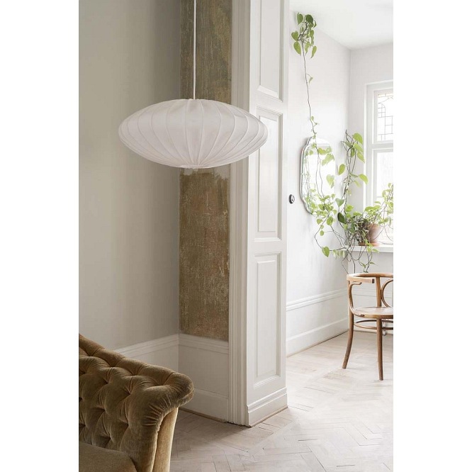 Lniany abażur wiszący Ellipse biały 65cm w salonie